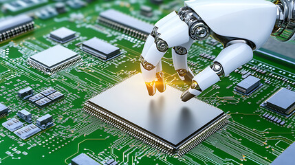 Robotic Arm Installing Chip on Circuit Board