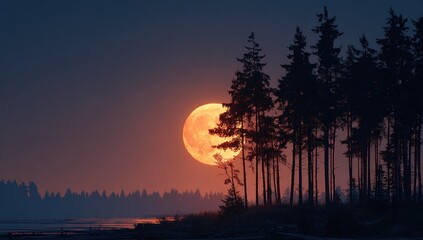 Large orange moon rises behind silhouetted pine trees at twilight