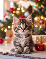 Adorable kitten, positioned amidst warm holiday lights and decorations, radiating festive cheer.