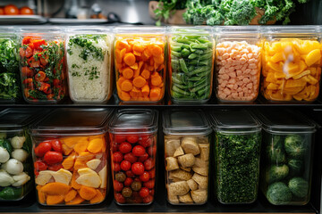 Various vegetables in containers on a shelf.