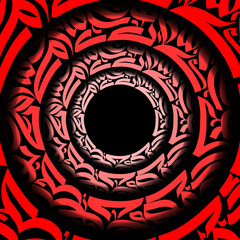 Concentric circles with tribal like red patterns surrounding a central black circular void space