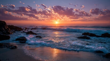 Dramatic sunset over ocean waves and rocky shore isolated on white background