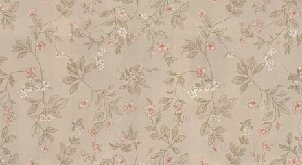 beige floral pattern with green leaves and pink flowers, charming and traditional, ideal for vintage designs, feminine themes, or decorative backgrounds

