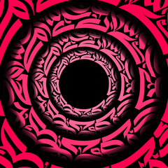 Abstract concentric circles with pink tribal patterns radiating from a central black void space