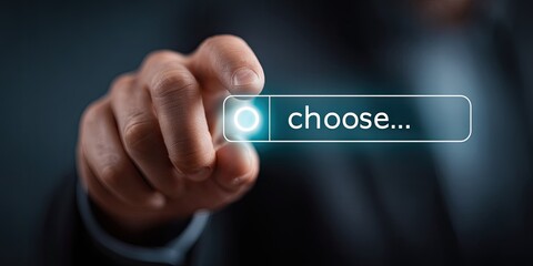 A hand with a finger hovering over a glowing "Choose..." interface