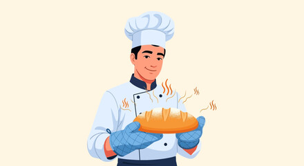Smiling Baker Chef Holding Freshly Baked Bread, Illustrating Culinary Delights or Food Preparation