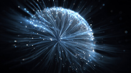 Abstract glowing fiber optic light burst with luminous blue strands and sparkling particles on dark background, futuristic data streaming and speed concept with copyspace