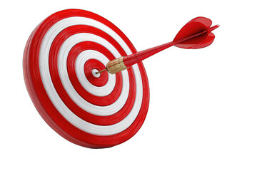 Red and white dartboard with a dart lodged precisely in the bullseye