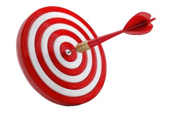 Red and white dartboard with a dart lodged precisely in the bullseye