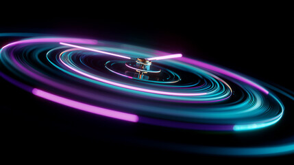 Futuristic neon clock with glowing circular light trails in blue and purple colors on black background, abstract time and speed concept with copyspace