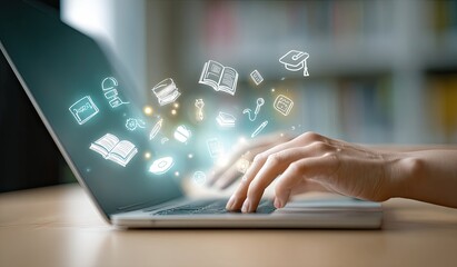Hands typing on a laptop with educational icons floating around