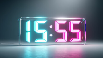 Futuristic neon digital clock with glowing blue and pink numbers on dark background, modern time concept in minimal retro style with copyspace