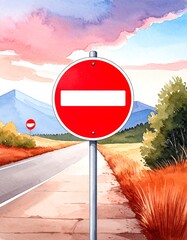 A vibrant watercolor landscape painting depicts a red no entry sign along a rural road, bathed in warm hues of the setting sun.
