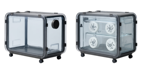 Two transparent, gray, wheeled,  portable enclosures