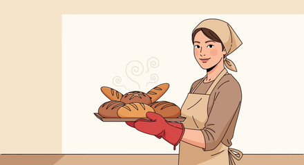 Smiling Baker Presents Freshly Baked Bread on a Serving Tray, Ready To Enjoy