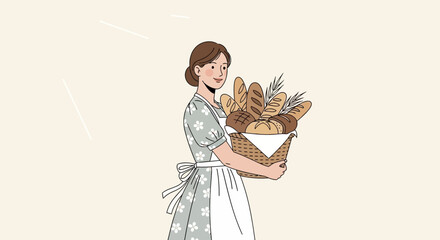 Smiling Baker Presents Freshly Baked Bread in a Wicker Basket for Breakfast