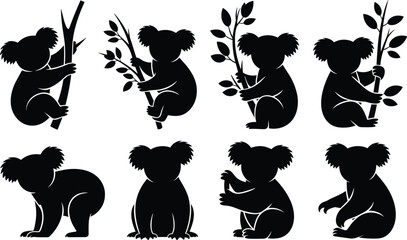 "Black silhouettes of adorable koalas climbing and sitting on eucalyptus branches with leaves in various poses, vector illustration."