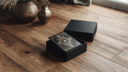 decorative playing card with intricate gold patterns rests inside  open black box next to  closed black box on  wooden surface with two ornate vases in  background