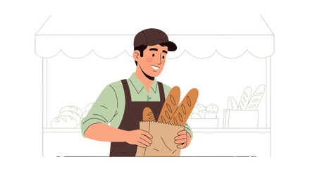Smiling Baker Proudly Shows Freshly Baked Bread From His Market Stall, Baked Products