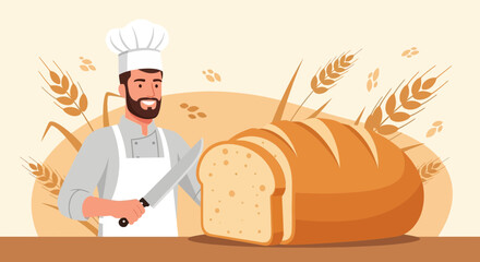 Smiling Baker Ready To Slice Freshly Baked Loaf Of Bread With Wheat Background