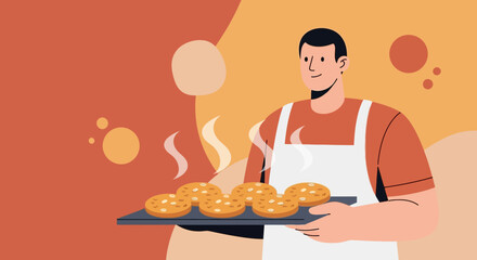 Smiling Baker Serving Freshly Baked Bread From The Oven In A Vibrant Illustration