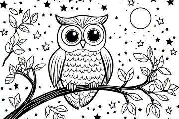 Owl on branch at night coloring page for kids, simple cartoon vector line drawing in black and white with bold outlines, minimal flat art design.