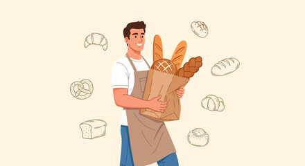 Smiling Baker Showcasing Fresh Breads and Pastries From Various Culinary Creations