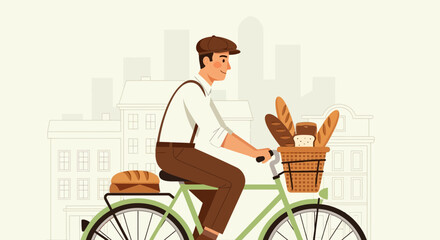 Smiling Baker Rides Bicycle through City Streets Delivering Freshly Baked Bread to Customers