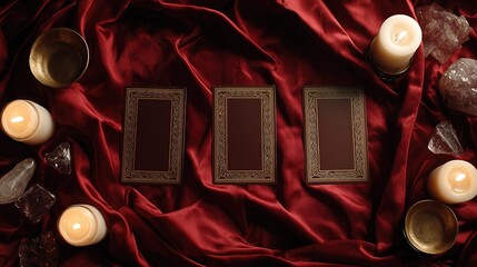 Three blank tarot cards arranged on  deep red satin cloth surrounded by lit candles and raw crystals