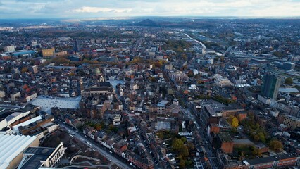 An aerial panorama view around the downtown of the City Charleroi In Belgium on a cloudy spring afternoon