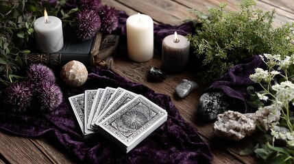Stack of ornate playing cards with tarot like imagery displayed on rich purple velvet amidst flickering candles dried thistles and natural elements on  rustic wooden surface