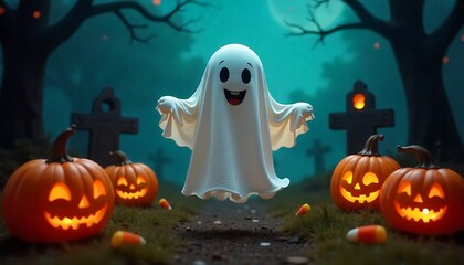 Happy Halloween ghost with carved pumpkins and candy corn in a spooky graveyard scene