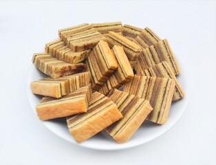 Layered cake (Kue Lapis Legit) in a white plate on a white background. High angle view. 