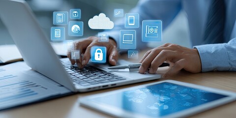 Person working on laptop with digital security icons overlaid