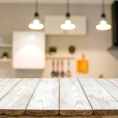 Wooden Table in Front of a Modern Kitchen with Pendant Lights.