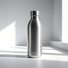 A photo of a matte-finished stainless steel water bottle with subtle brushed metal texture isolated in a bright studio light setup, against a pristine white background.