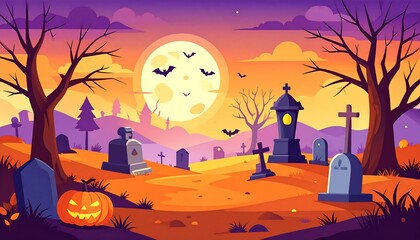 Halloween cemetery scene at dusk
