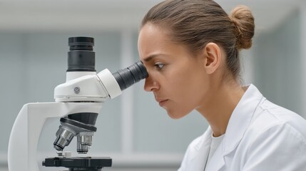 Focused Female Scientist Observing Sample through Microscope in Laboratory Setting with Modern Equipment and Clean Background