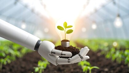 Robot hand holding lightbulb with plant inside, symbolizing technological innovation in agriculture