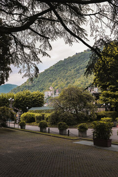 City of Como Italy and lake Como with boat