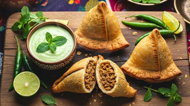 Keema Samosas with Mint Chutney - Delicious keema samosas served with a refreshing mint chutney. The crispy pastries are presented on a wooden board alongside fresh green chilies and lime.