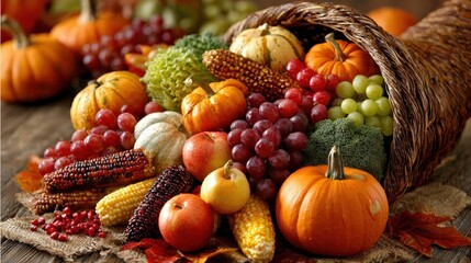 Cornucopia of Abundance: A vibrant cornucopia overflowing with a bountiful harvest of fresh fruits, vegetables, and grains, symbolizing prosperity and the richness of the earth's gifts. Generative Ai