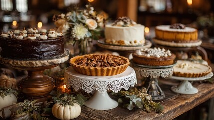 Naklejka premium A Scrumptious Spread: A visually appealing array of delectable cakes and pies presented on elegant cake stands on a warmly lit, rustic wooden table. Capturing an atmosphere of comfort. Generative Ai