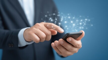 Business professional interacting with smartphone displaying glowing connections and digital elements on a blue background representing technology and innovation