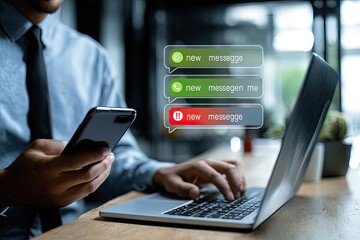 Businessman with multiple new messages on phone and laptop