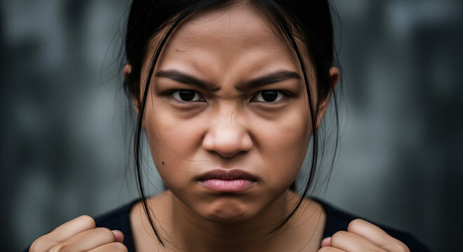 Close-up portrait of a determined young woman displaying an intense and scowling expression, with clenched fists ready for action, conveying strong emotions of anger or frustration