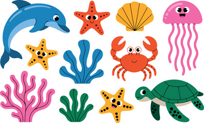Fototapeta premium A collection of brightly colored cartoon sea creatures and underwater plants are featured in this image. 