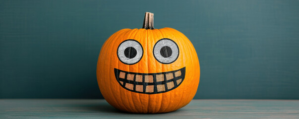 Halloween popart funny cartoon pumpkin with big smile face on teal wall joyful vibe playful home decor simple style