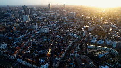 An aerial panorama view around the downtown of the City Brussels In Belgium on a cloudy spring morning