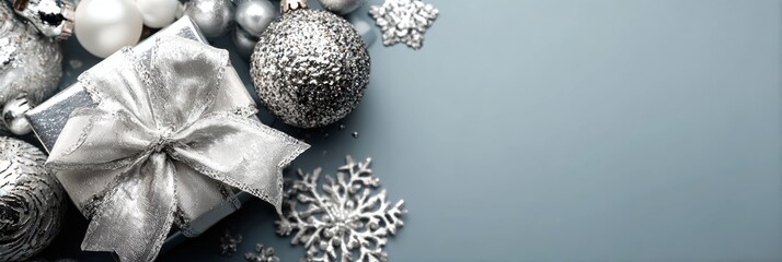 Christmas Sale Heading. Silver Bauble and Bow on a Festive White Background